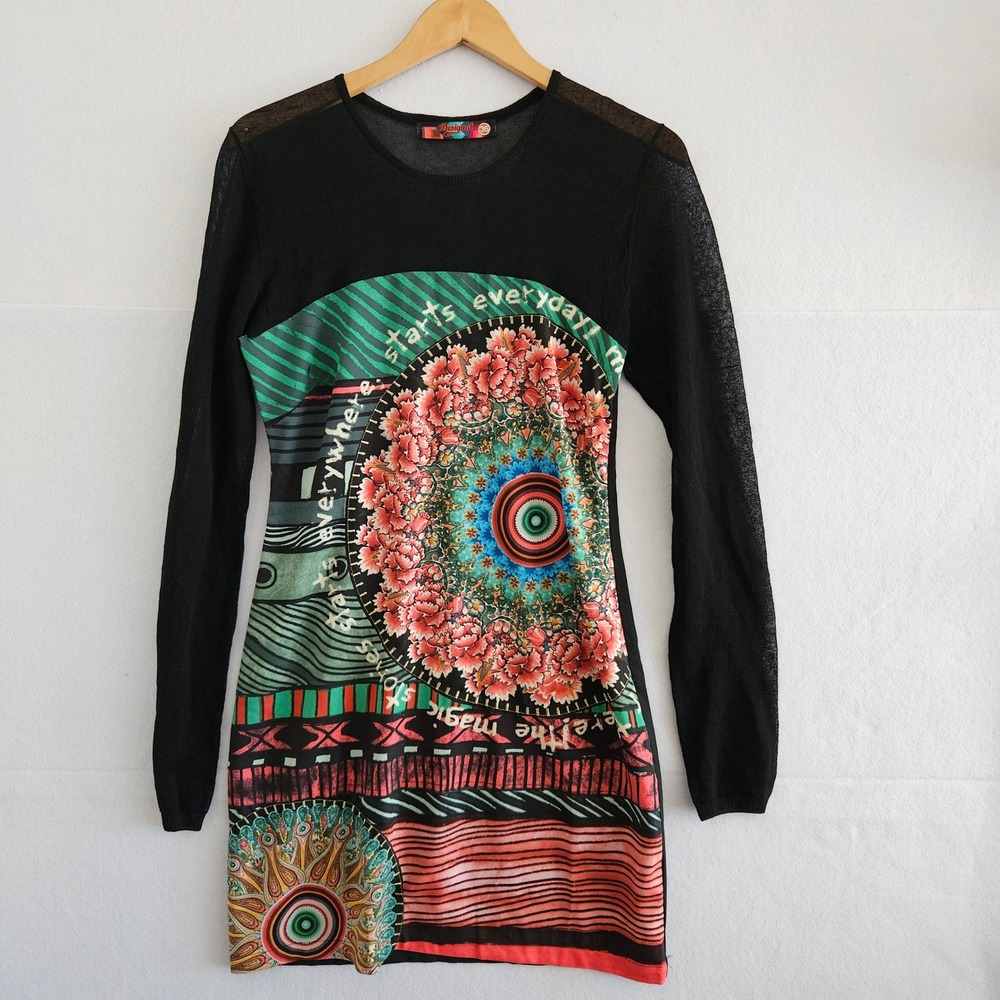 Desigual Long Sleeve Mandala Graphic Mini Dress Black Floral 46V2803 Size 36